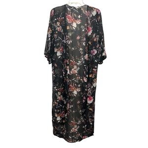Meaveor Women's Kimono Duster Sz S Black Multicolor Floral Short Sleeve Beach